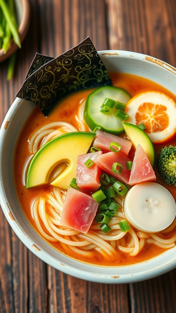 A bowl of sushi ramen with avocado, cucumber, and tuna in rich broth, garnished with nori and green onions.
